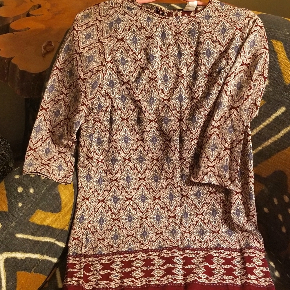 BLVD boho tunic dress wine and dusty blue cream Y2k